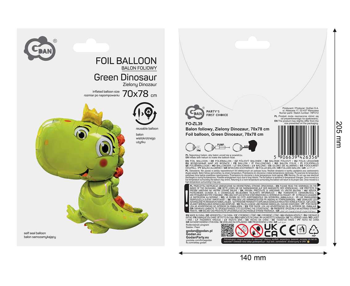 Balon foliowy Zielony Dinozaur 70x78cm FO-ZL39 GoDan